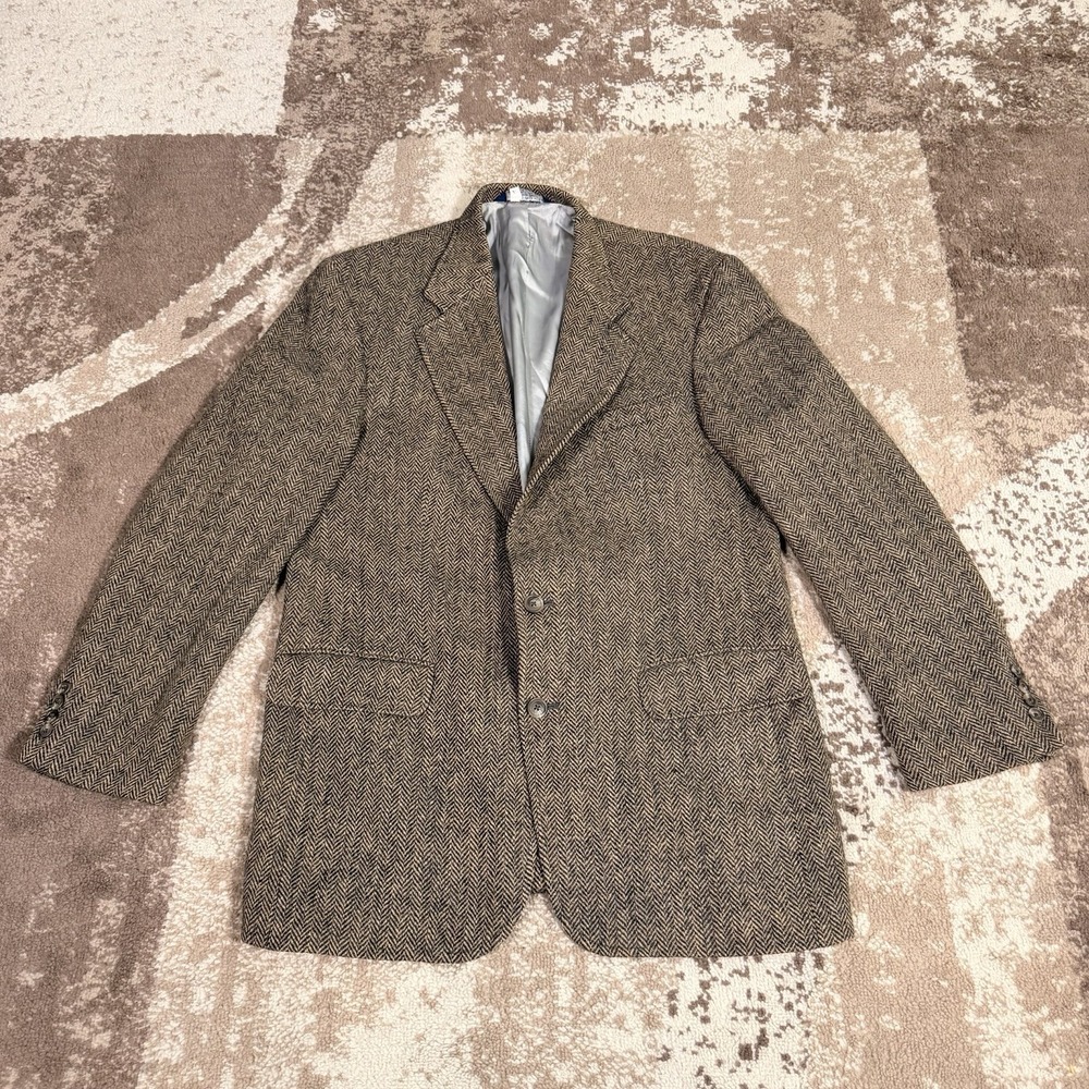 Vintage Harris Tweed Lands End Mens Blazer 42L Brown Herringbone Wool Sport Coat